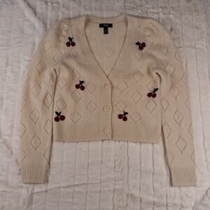 AQUA 100% Cashmere Pointelle Cherry Cardigan Sweater XS Cream